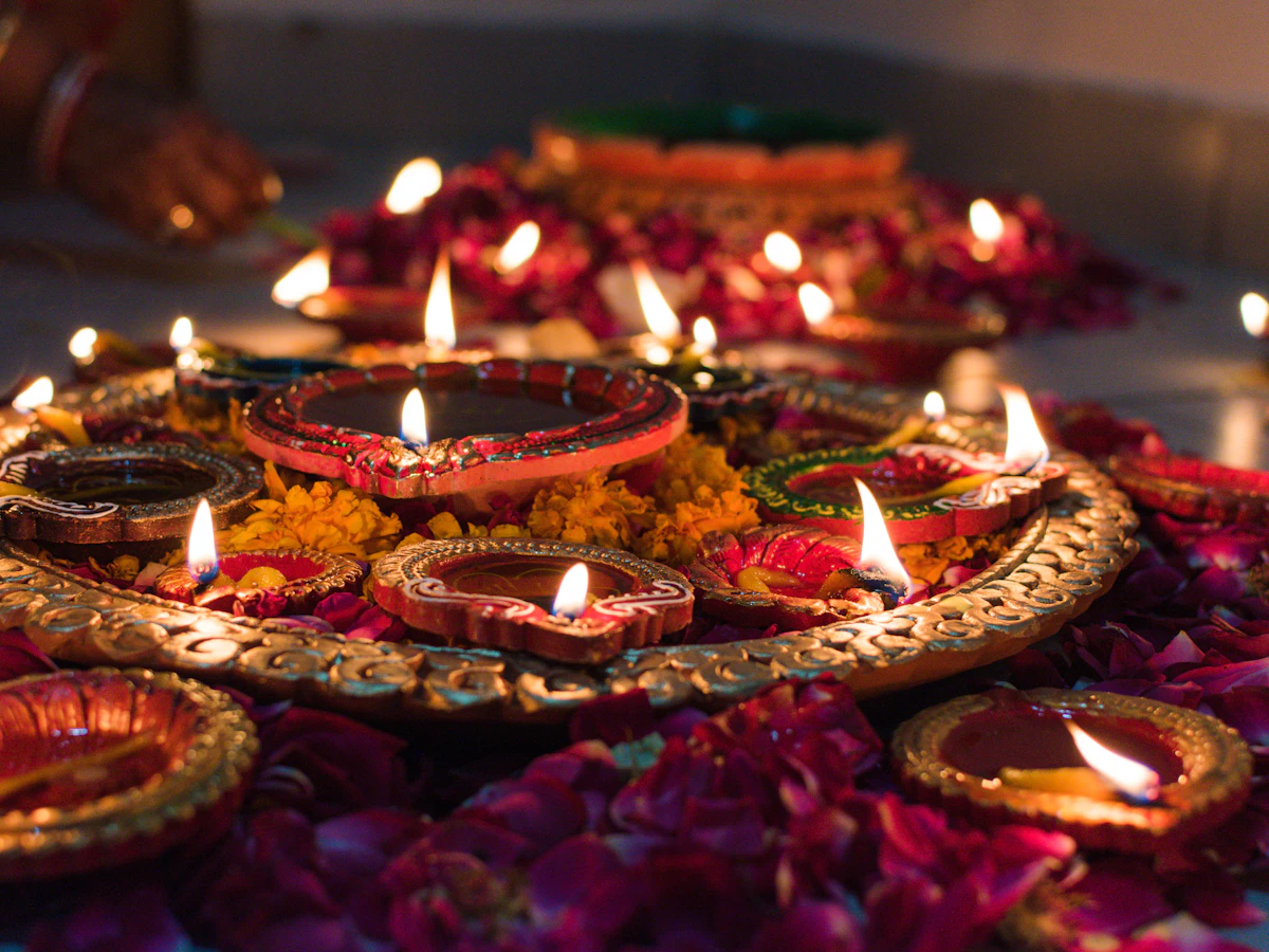 Lit clay diyas for Akhand Ramayan Path